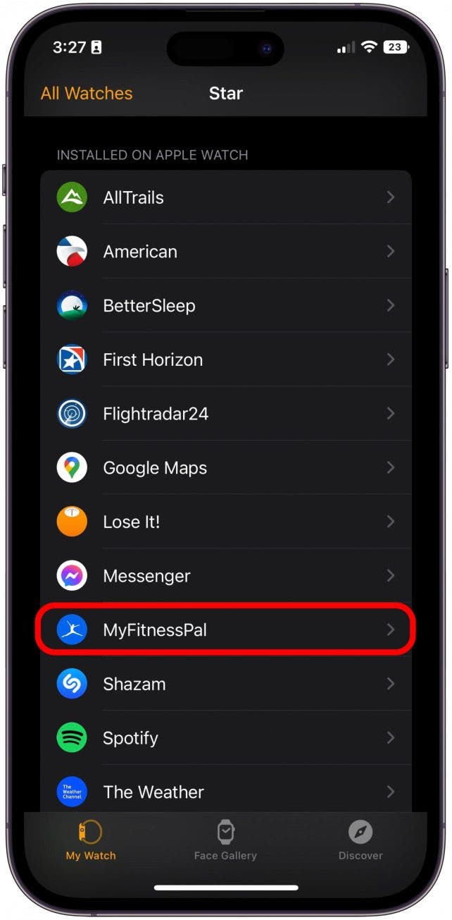 In the My Watch tab, scroll down to Installed on Apple Watch and select the app you’ll remove.
