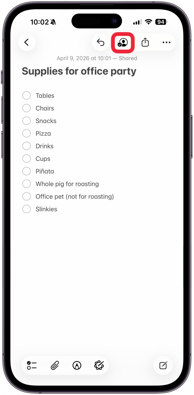 Tap the Add People icon at the top of the note.