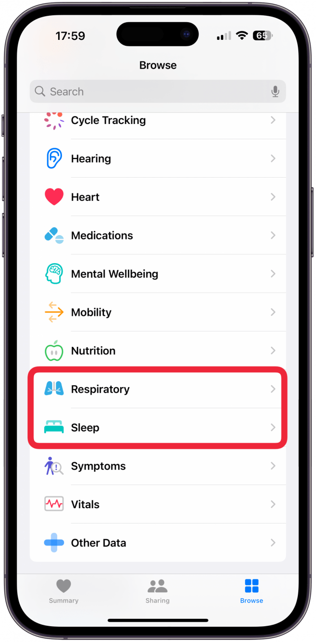 Tap on Respiratory or Sleep; both sections have the same Sleep Apnea settings.
