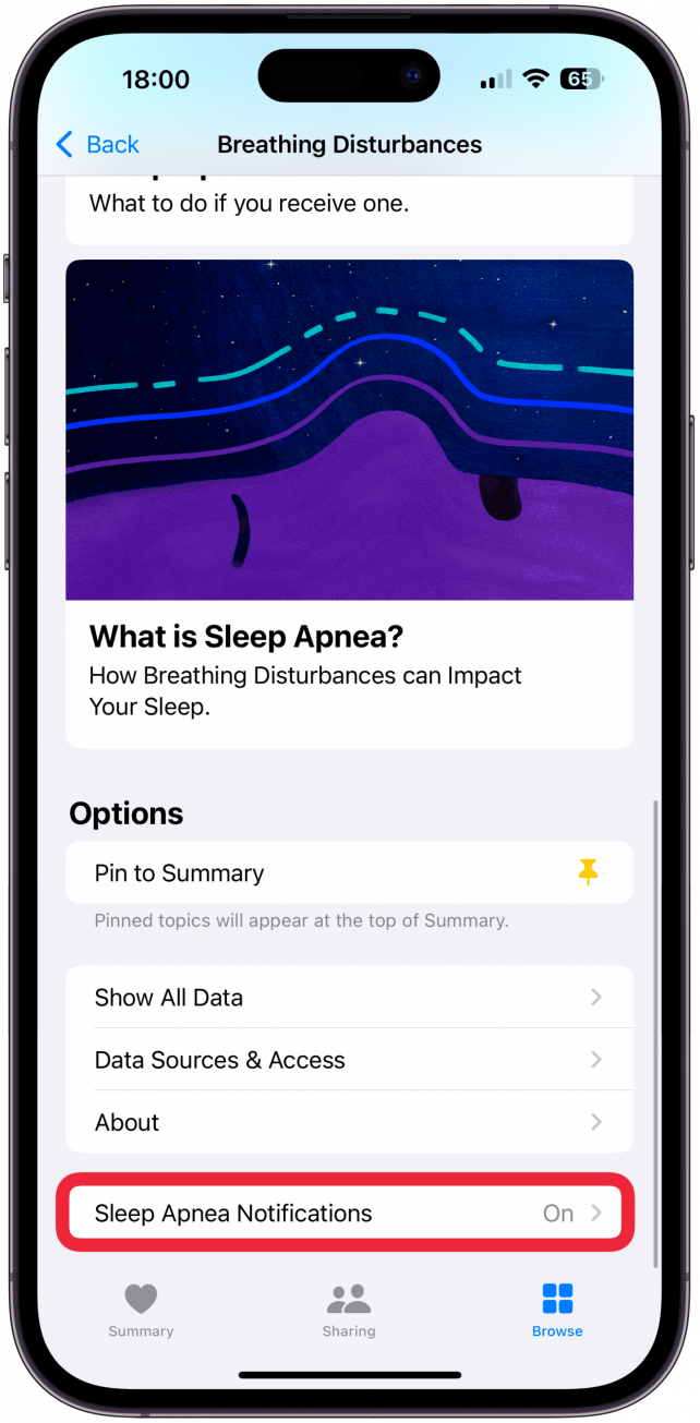 Scroll down and tap on Sleep Apnea Notifications.