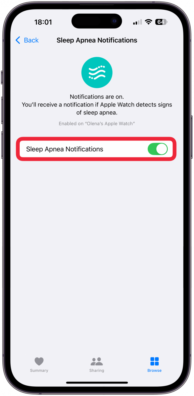 Make sure Sleep Apnea Notifications are toggled on.