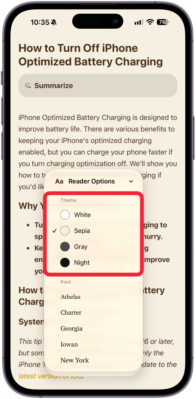 Tap the white, beige, gray, or black to change the Reader view background color.