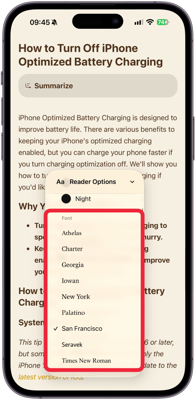 Under Font, you can tap on a font to select one that might be easier or more comfortable for reading.