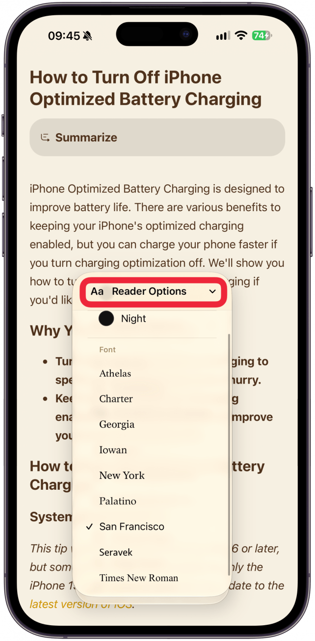 Tap Reader Options at the top to return to the main Reader Mode menu.