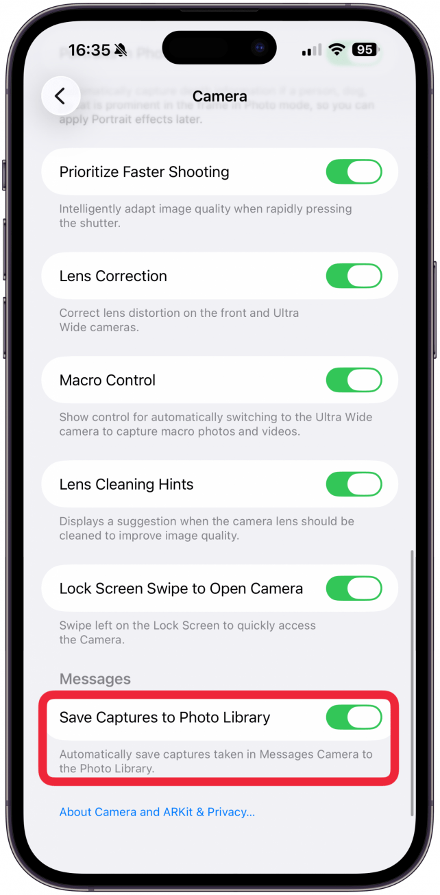 Scroll to the very bottom and toggle on Save Captures to Photo Library.