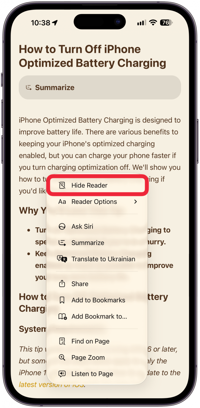To disable Reader mode, tap the Reader icon again and select Hide Reader.