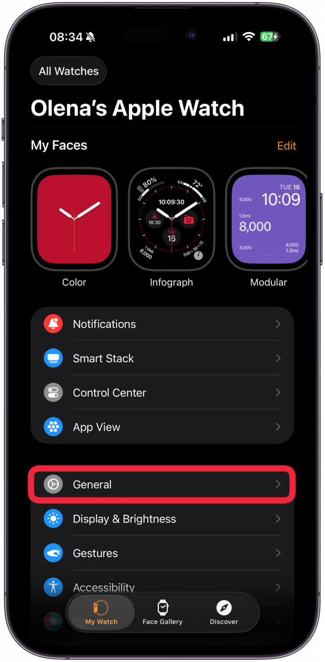 Navigate to the My Watch tab if you're not already there and then tap General.