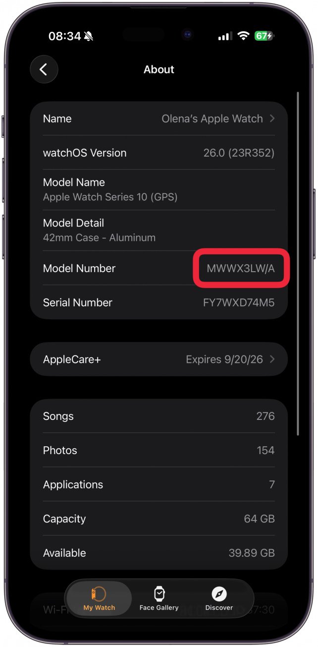 Once you've tapped on the number, a new four-digit number preceded by the letter A will appear. This is your Apple Watch model number.