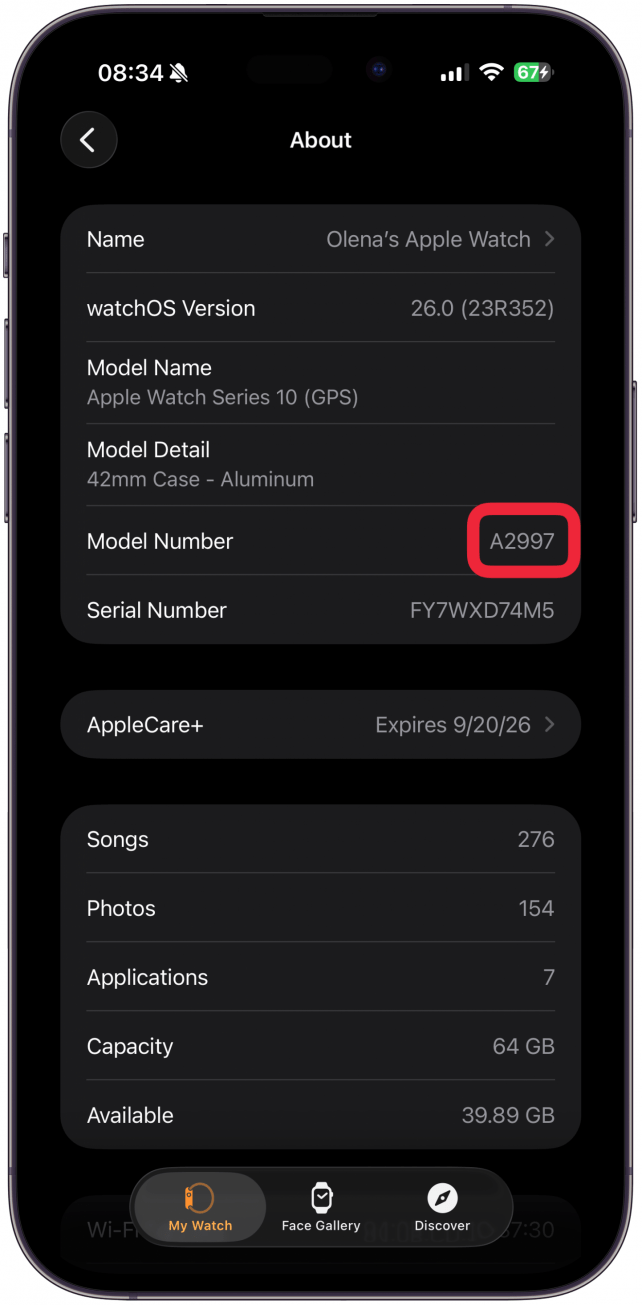 Next to Model Name, you should be able to see what series Apple Watch you have! If you don't, the process of identifying your model is a little longer but still possible. Navigate to the section that says Model Number. It will contain a number in it, but you'll need to tap this number to reveal the model number.