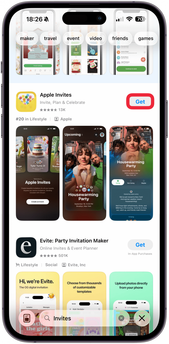 Download the Invites app from the App Store, it’s called Apple Invites to avoid confusion.