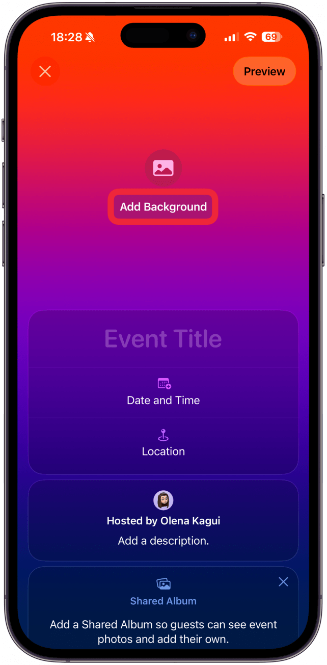 Tap Add Background to add a backdrop to your invitation.