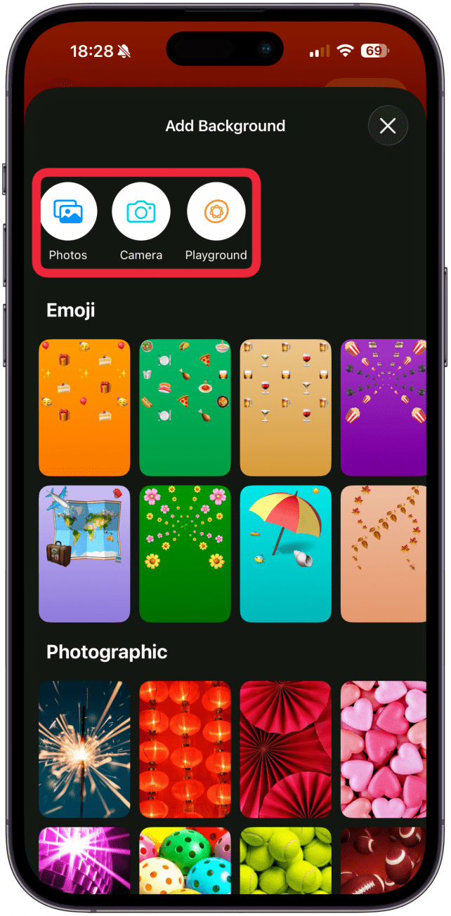 You can choose from your own Photos, snap a photo with your Camera, or use Playground to generate an image with Apple Intelligence (iPhone 15 Pro and newer base and pro model iPhones only). You'll have to give the app permission to access the Photos and Camera apps if you select one of those options.