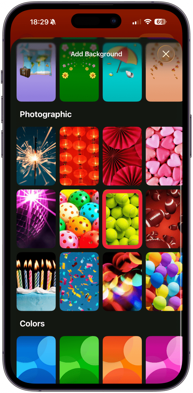 You can also choose from Emoji, Photographic, and Color backgrounds. For this example, I chose a Photographic background.