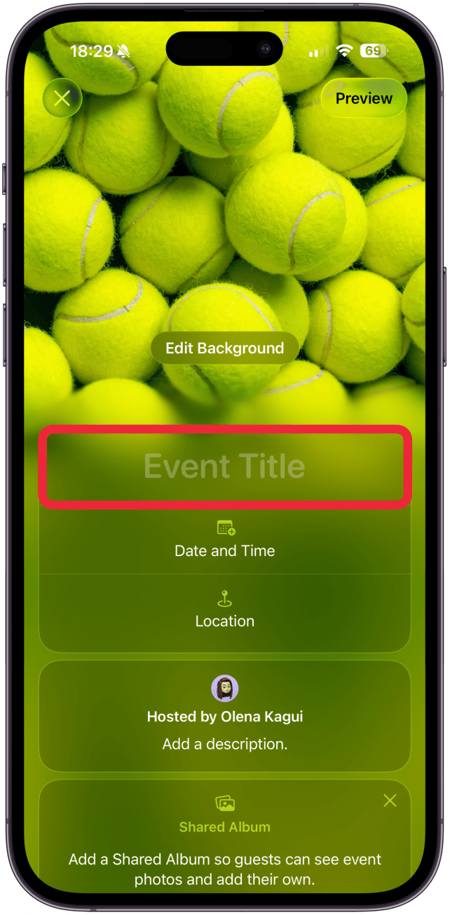 Tap Event Title to give your event a name. You’ll be able to pick between four fonts.