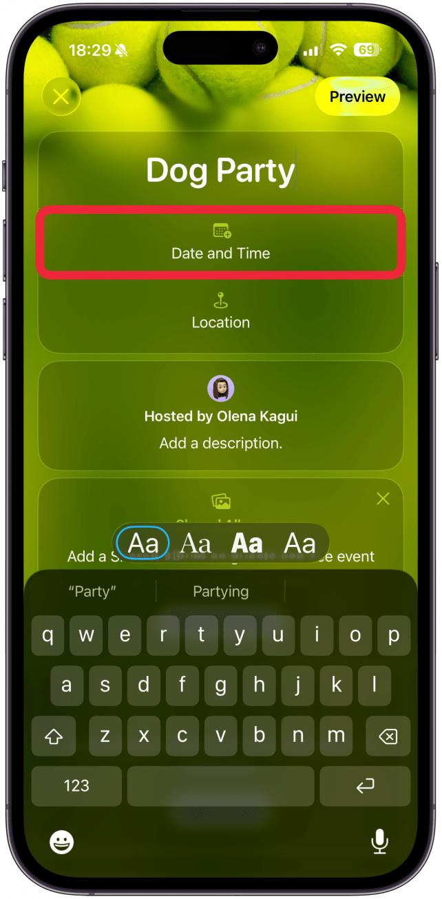 Tap Date and Time to set the date. You’ll be able to select a starting and ending date and time and have the option to mark the event as all day.