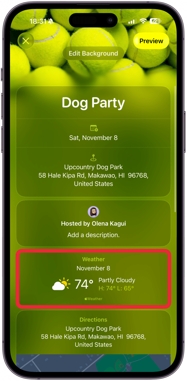 If you have added a date and location for your event, next, you’ll see what the weather will be like on the day of the event, as well as a Maps link to directions.