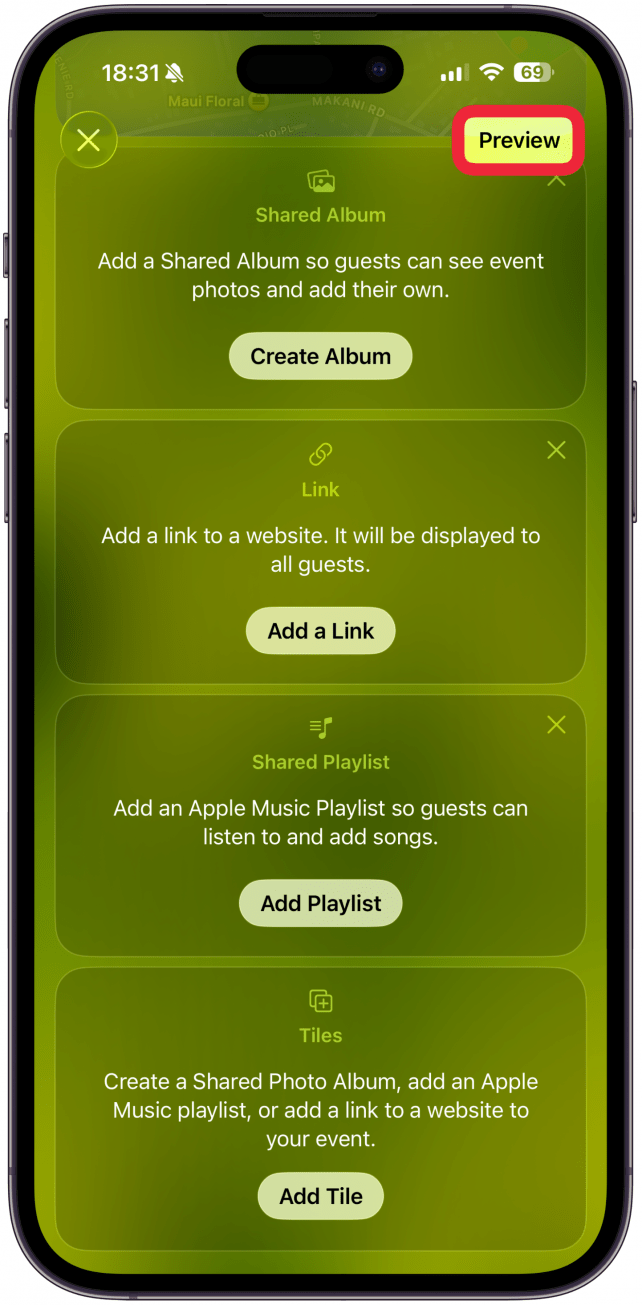 When you are happy with your invitation, tap Preview.