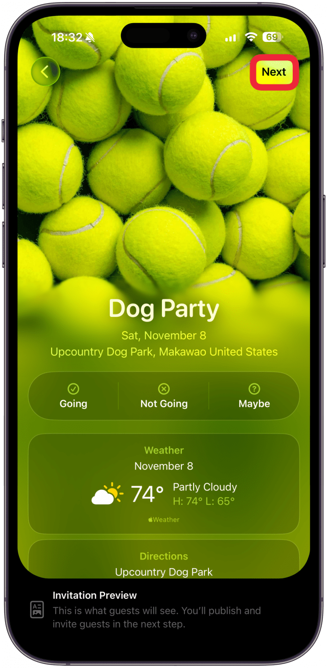 You’ll see what the invitation will look like for others. Tap Next, in the upper right corner. It might take a few seconds to create the invitation.