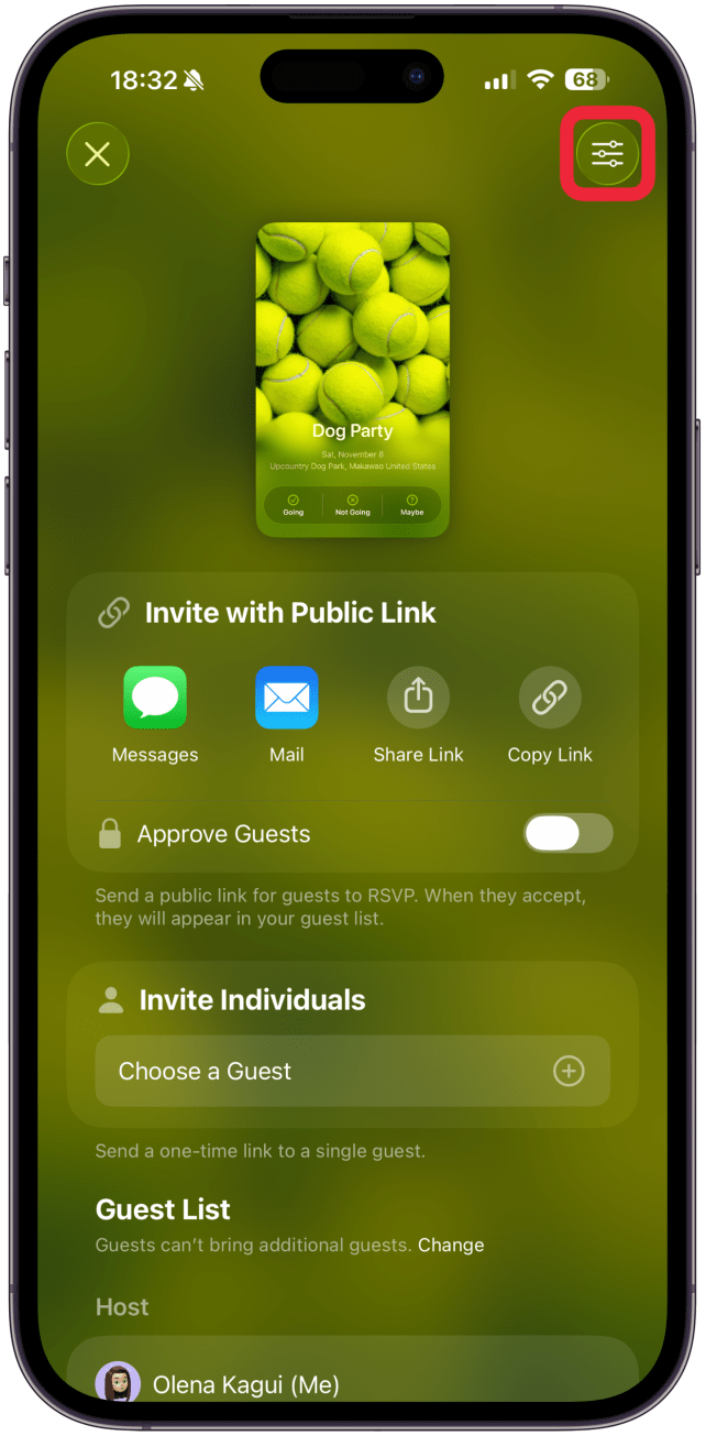 Tap the Settings icon to adjust any settings for the event.