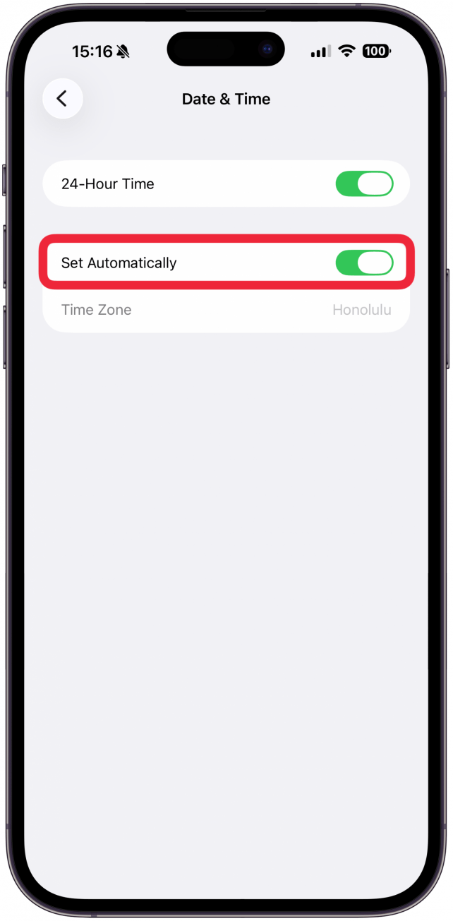 Make sure Set Automatically is toggled on if you want your date and time to be set automatically. If you want to set it manually, simply tap the toggle to turn it off.