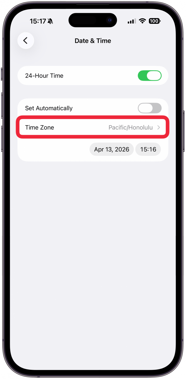 Tap the Time Zone to select a different time zone.