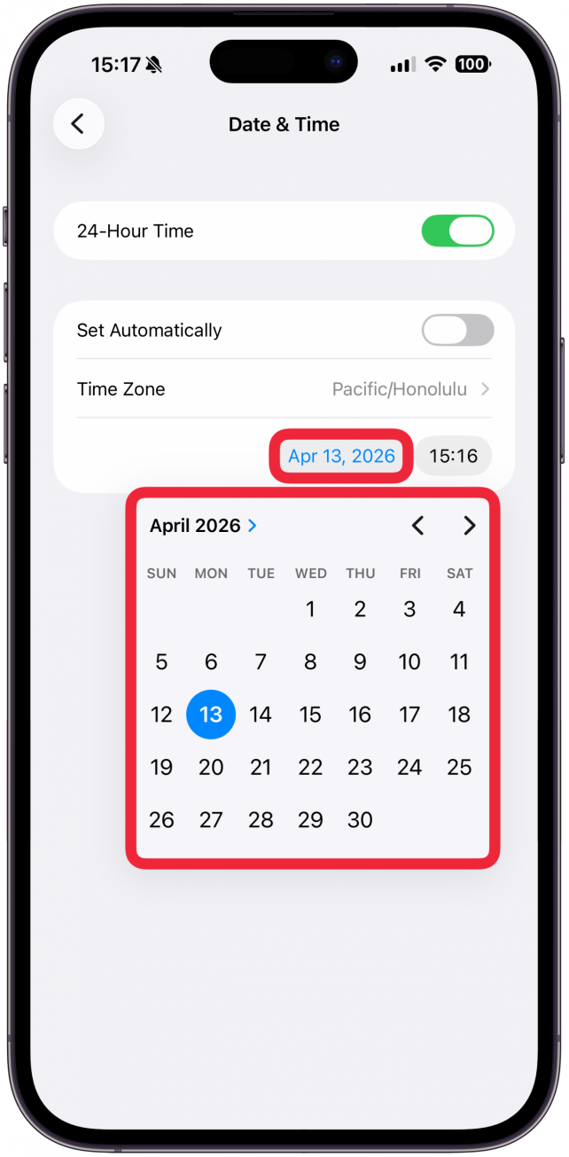 Tap the date and a calendar will expand, allowing you to select a different date.