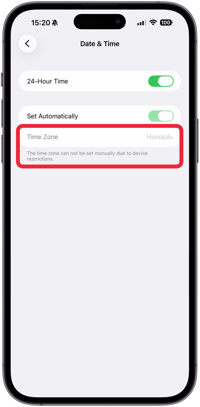 If the Set Automatically toggle is grayed out, that usually means you are using a Screen Time passcode. Screen Time is a feature that allows you to see how much time you spend on your phone, which apps you use the most, etc. Screen Time can also be used to limit your or your child's smartphone usage. You can lock Screen Time behind a passcode, preventing anyone from making changes to specific settings, like the date and time.