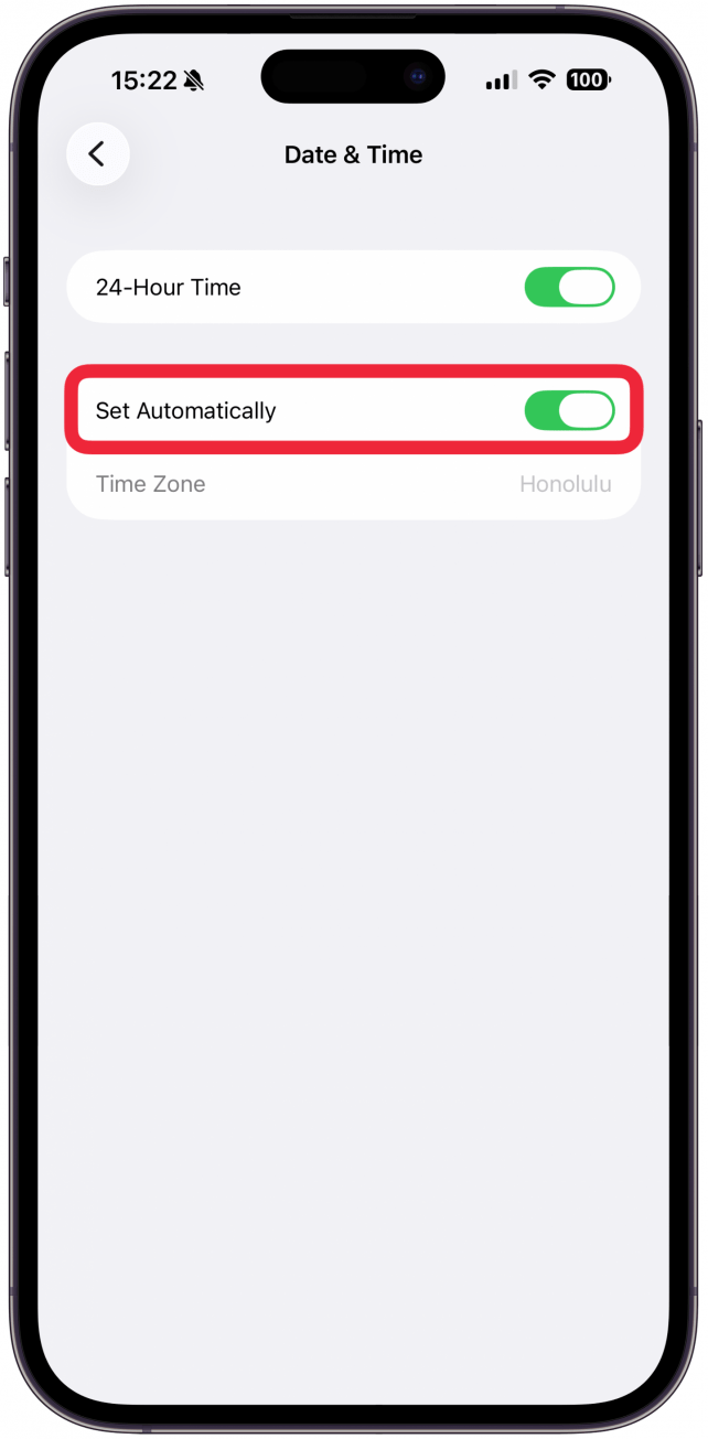 Finally, follow steps 1-3 again to get back to the Set Automatically toggle. It should no longer be grayed out.
