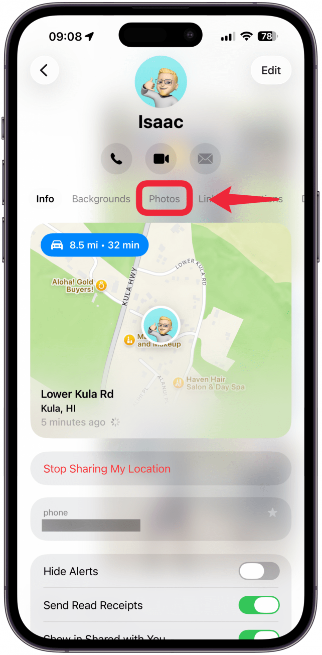 To the right of Info tap on Photos or Documents, you may need to swipe over other tabs to see these. Photos will also contain videos and gifs while documents contain word documents, PDFs, and other types of files.