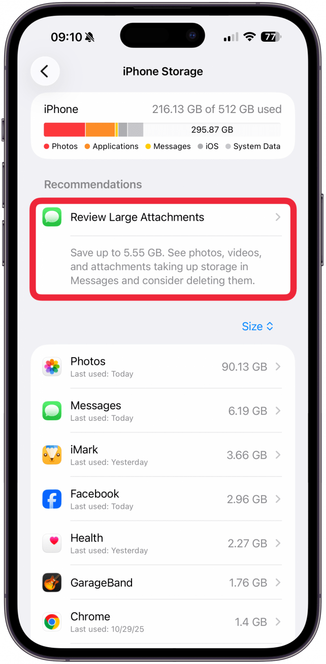 If you have any attachments large enough to take up a significant amount of storage, you’ll see Review Large Attachments under Recommendations.