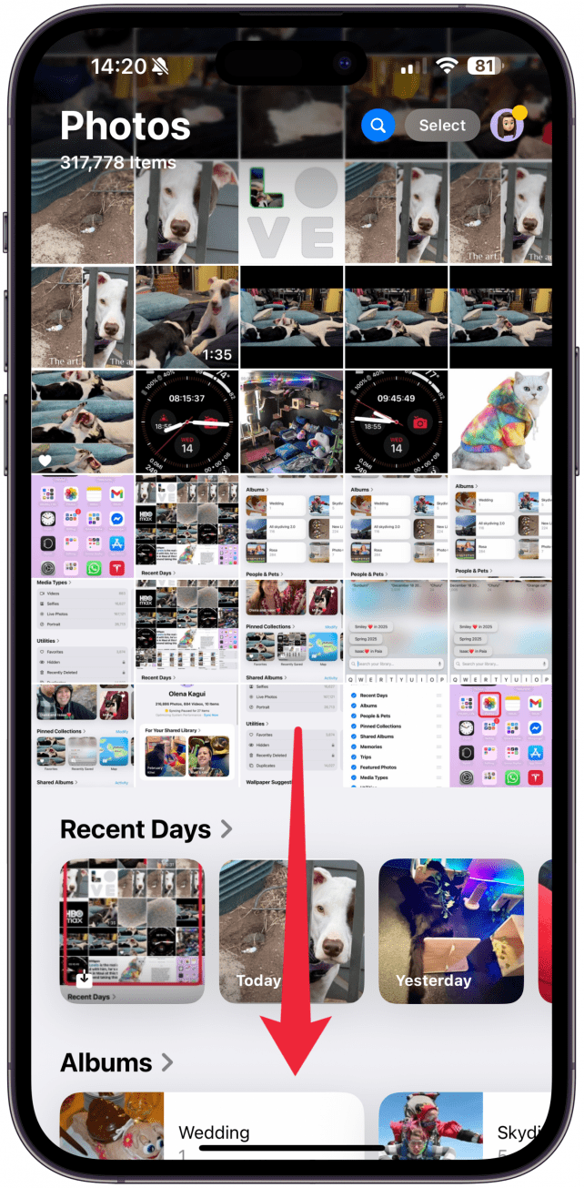 You'll see your camera roll on the top half of the screen, swipe down to see your camera roll in full screen. 
