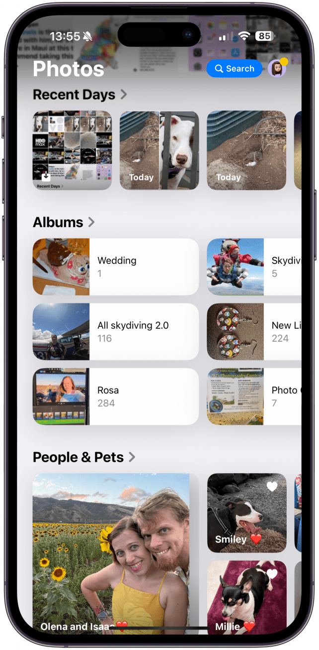 Below your camera roll, you'll find Recent Days, Albums, People & Pets, and Pinned Collections.