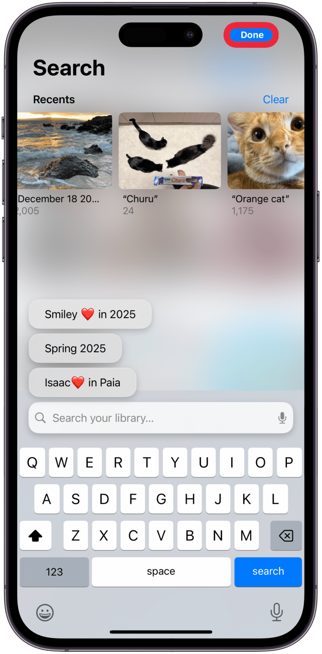 Tap Done in the upper-right corner of the screen when you're finished searching your photos.
