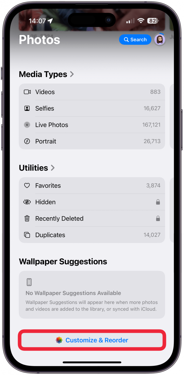 In order to customize the app layout, swipe up to scroll to the very bottom and tap Customize & Reorder.