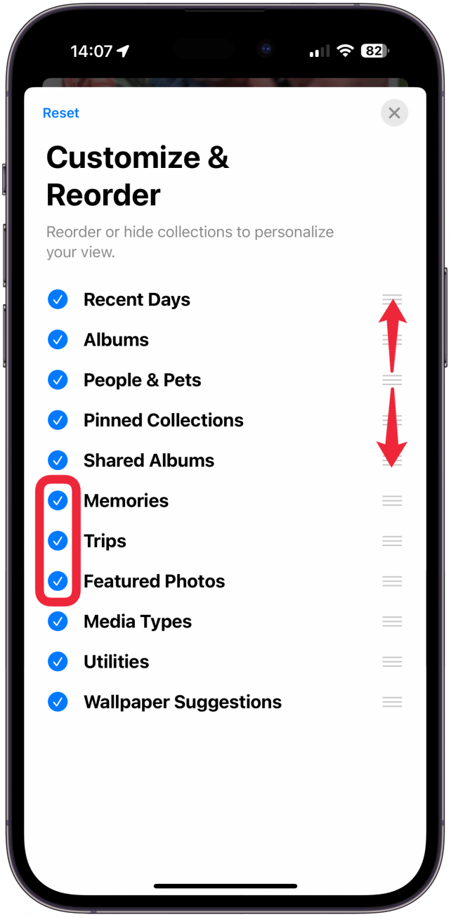 Here you can select what sections you want showing up, what you want to hide, and you can drag the collections to rearrange them.
