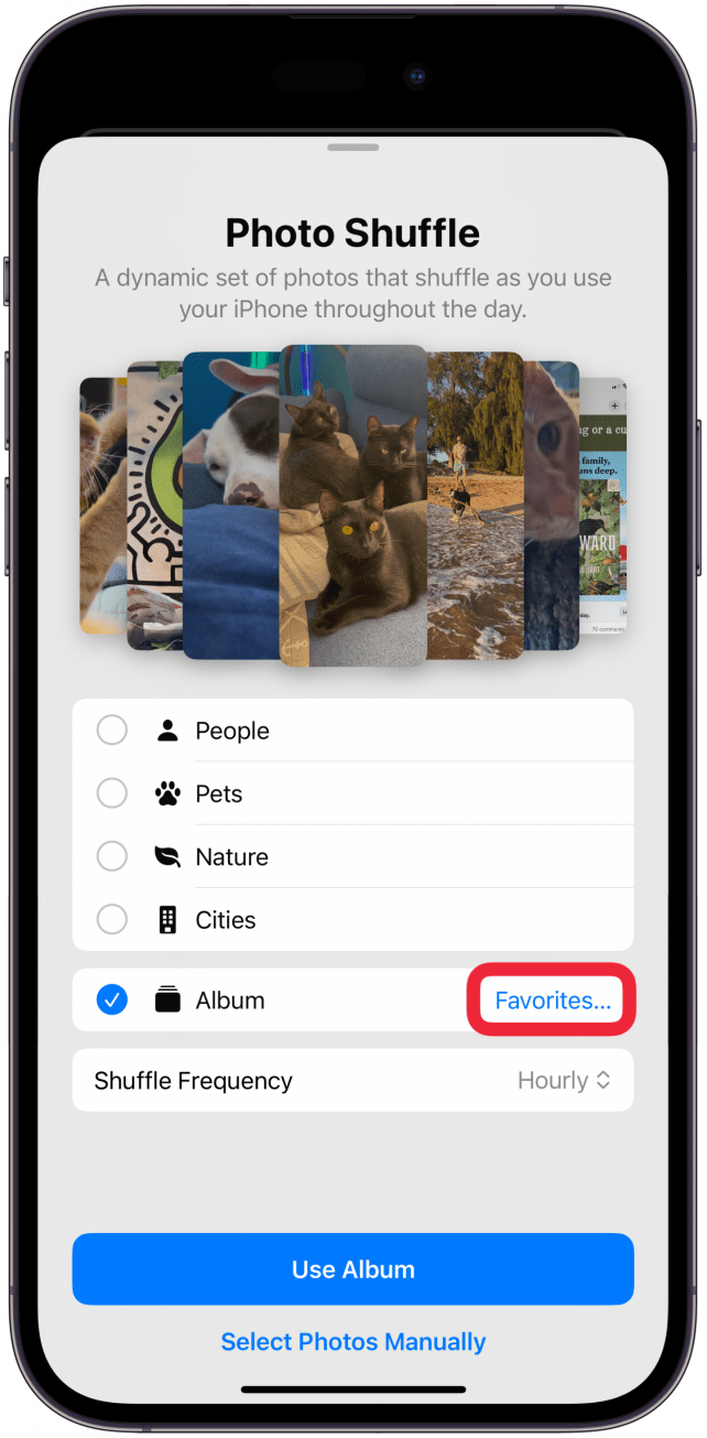When you tap Album, it might default to the Favorites album. Simply tap Favorites… to change which album you want.