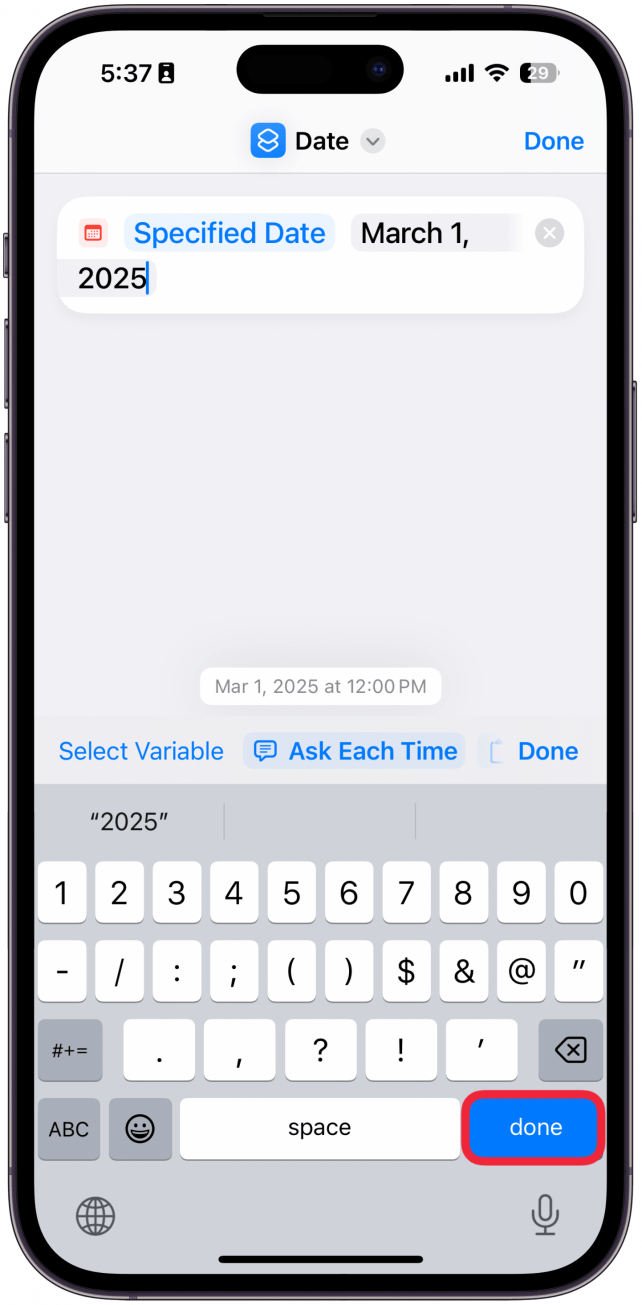 iphone create shortcut screen with a red box around done button on keyboard