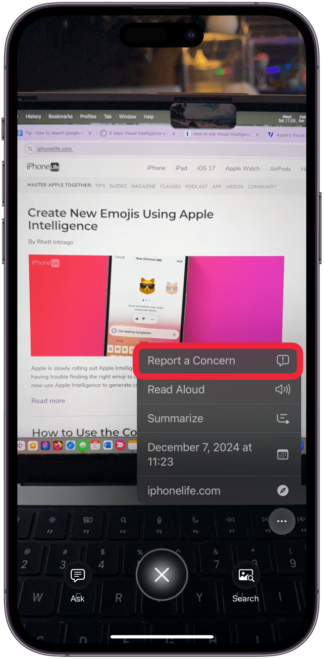 If there is something concerning about how Virtual Intelligence processes the image, tap Report a Concern 