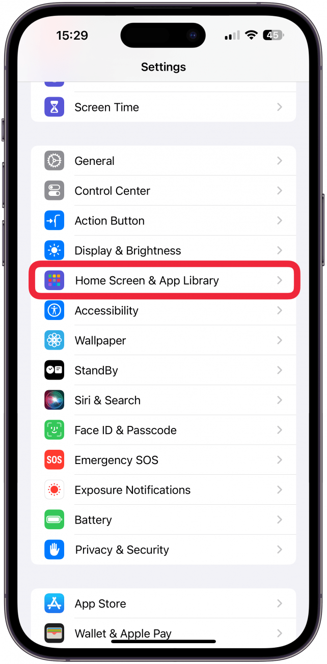 Scroll until you see Home Screen & App Library and tap it.