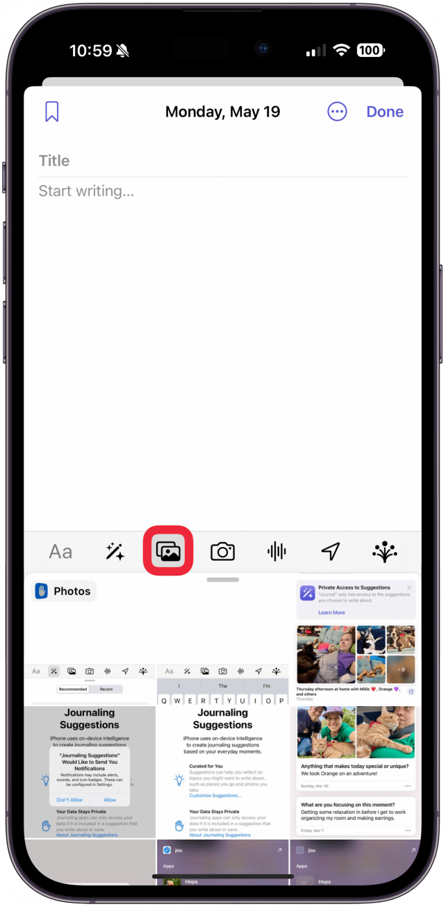 To add a photo, tap the Photos icon. The first time you do this, you will get a pop-up asking for the app's permission to access your photos.
