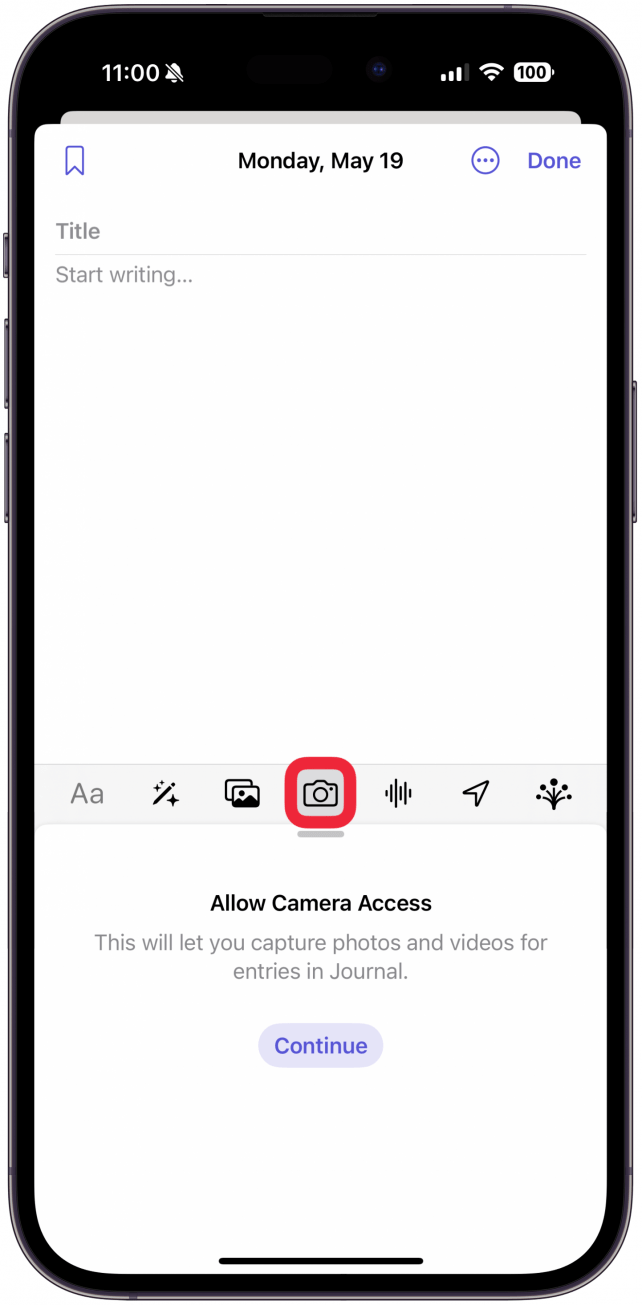 To take a photo now, tap the Camera icon. The first time you do this, you will get a pop-up asking for the app's permission to access your camera.