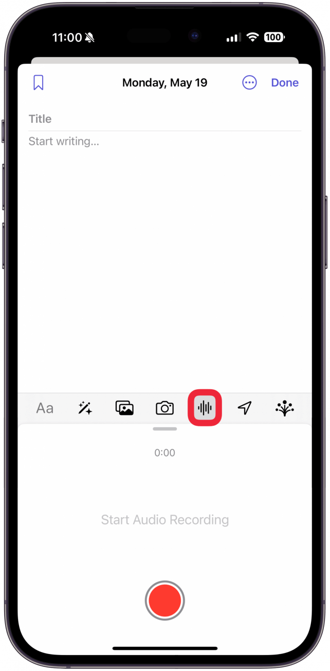 To record a voice memo directly in the entry, tap the Voice Record icon. The first time you do this, you will get a pop-up asking for the app's permission to access your microphone.
