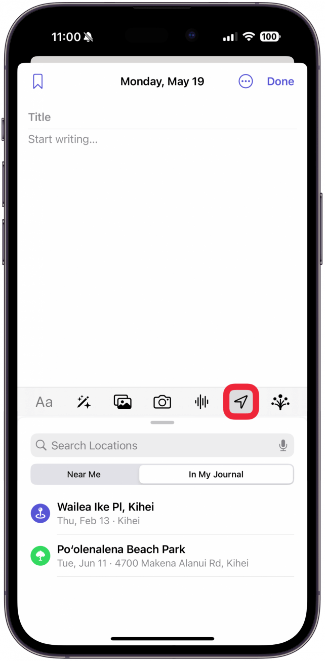 To add a location to your entry, tap the Location icon.