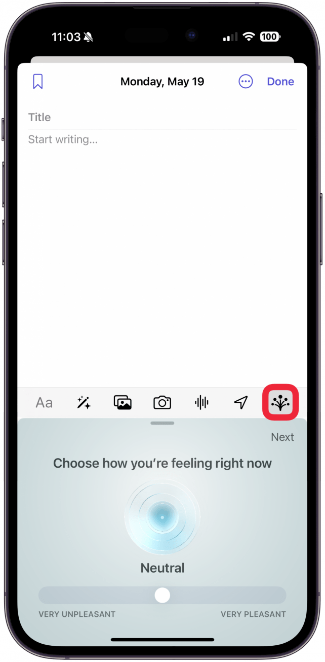 To add how you are feeling via Apple's Mindfulness app, tap the fan-like icon.