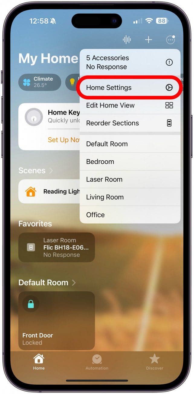 If you have multiple homes, you’ll have to select the correct Home first. Then, tap the More icon again before selecting Home Settings.