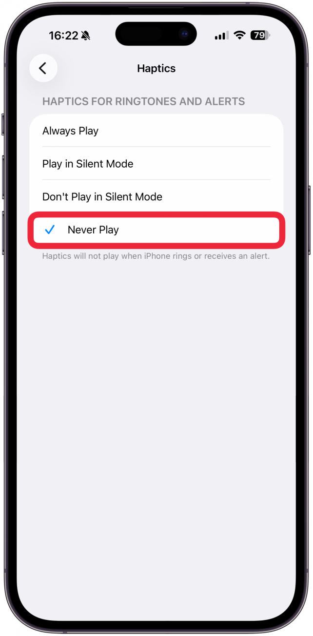 Want to know how to switch off vibration on iPhone, whether it is silenced or not? Tap Never Play.