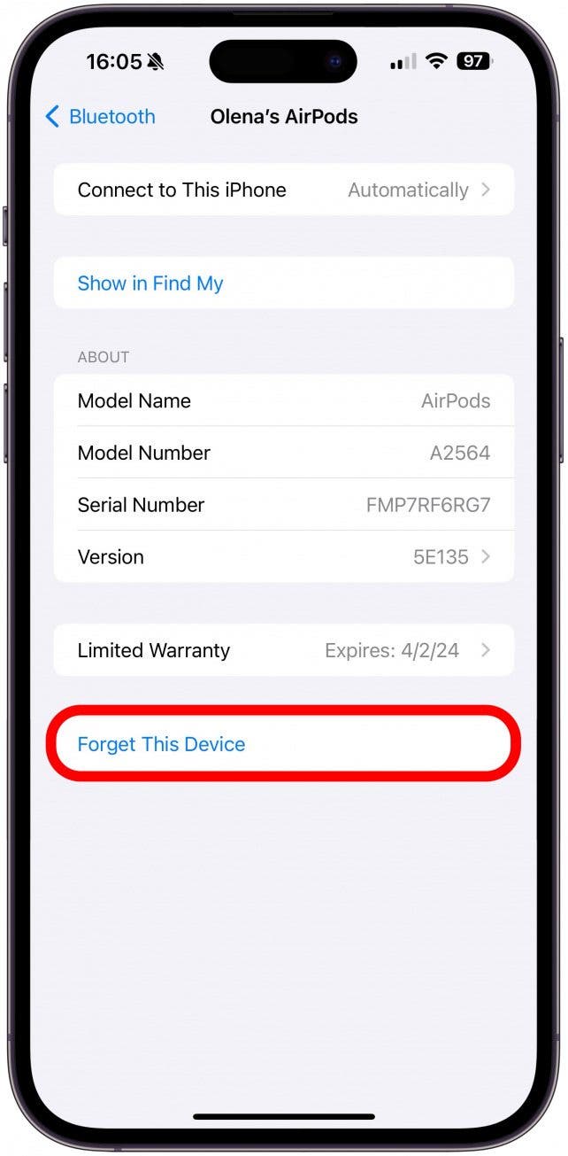 First, forget the AirPods in your iPhone's Bluetooth settings.