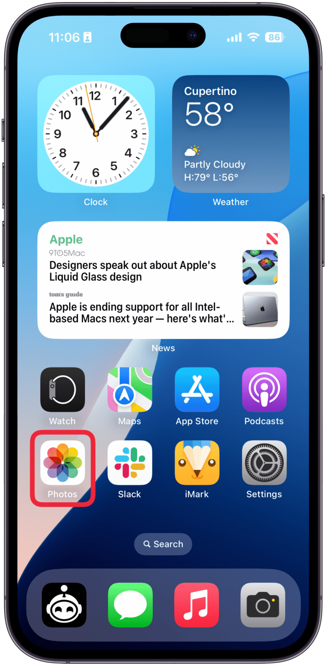 a screenshot of the iphone home screen with a red box around the photos app icon