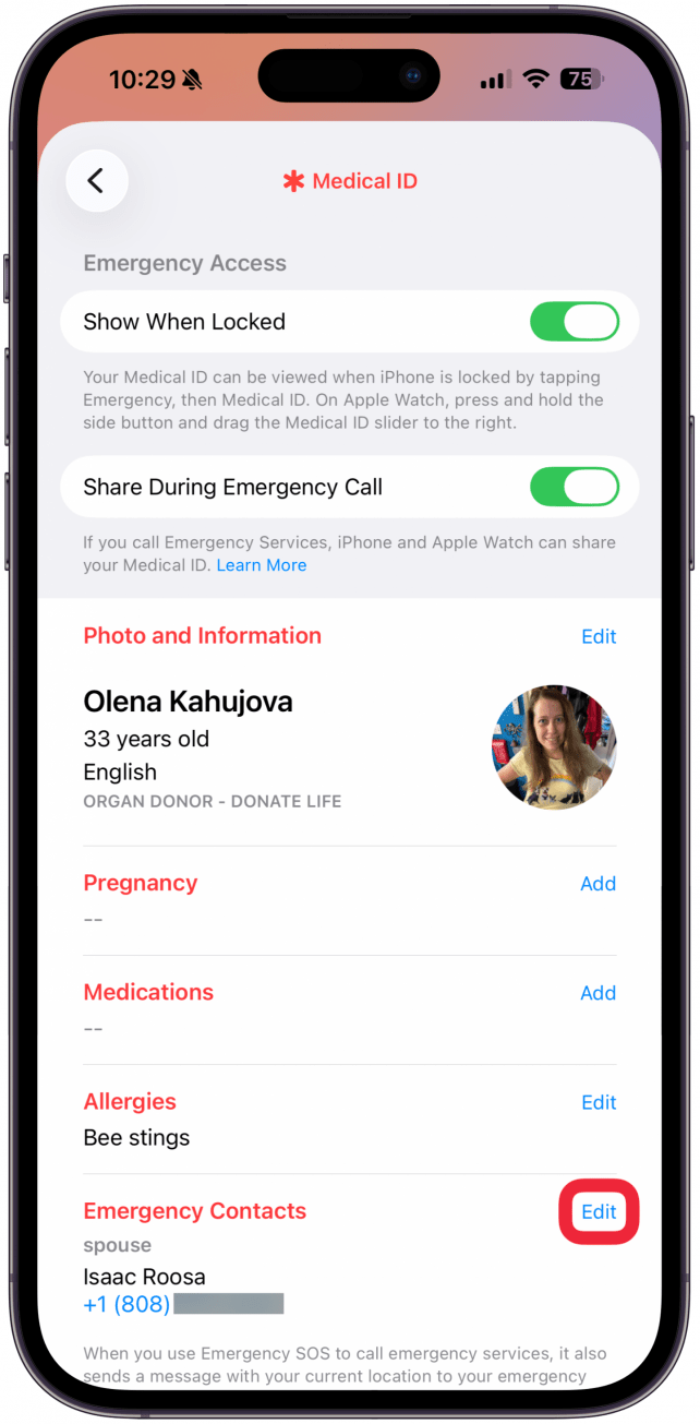 Scroll down to Emergency Contacts and tap Edit.