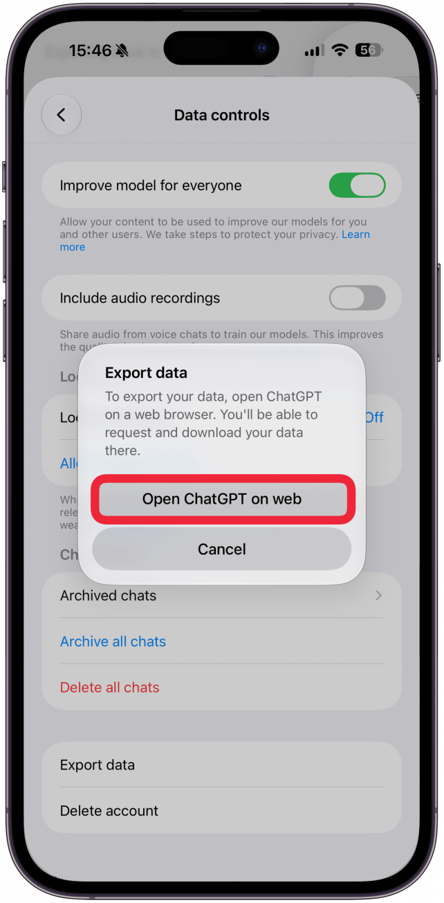 You'll have to now be directed to open ChatGPT on a web browser. Tap Open ChatGPT on web and you'll be taken to the website via your default web browser.